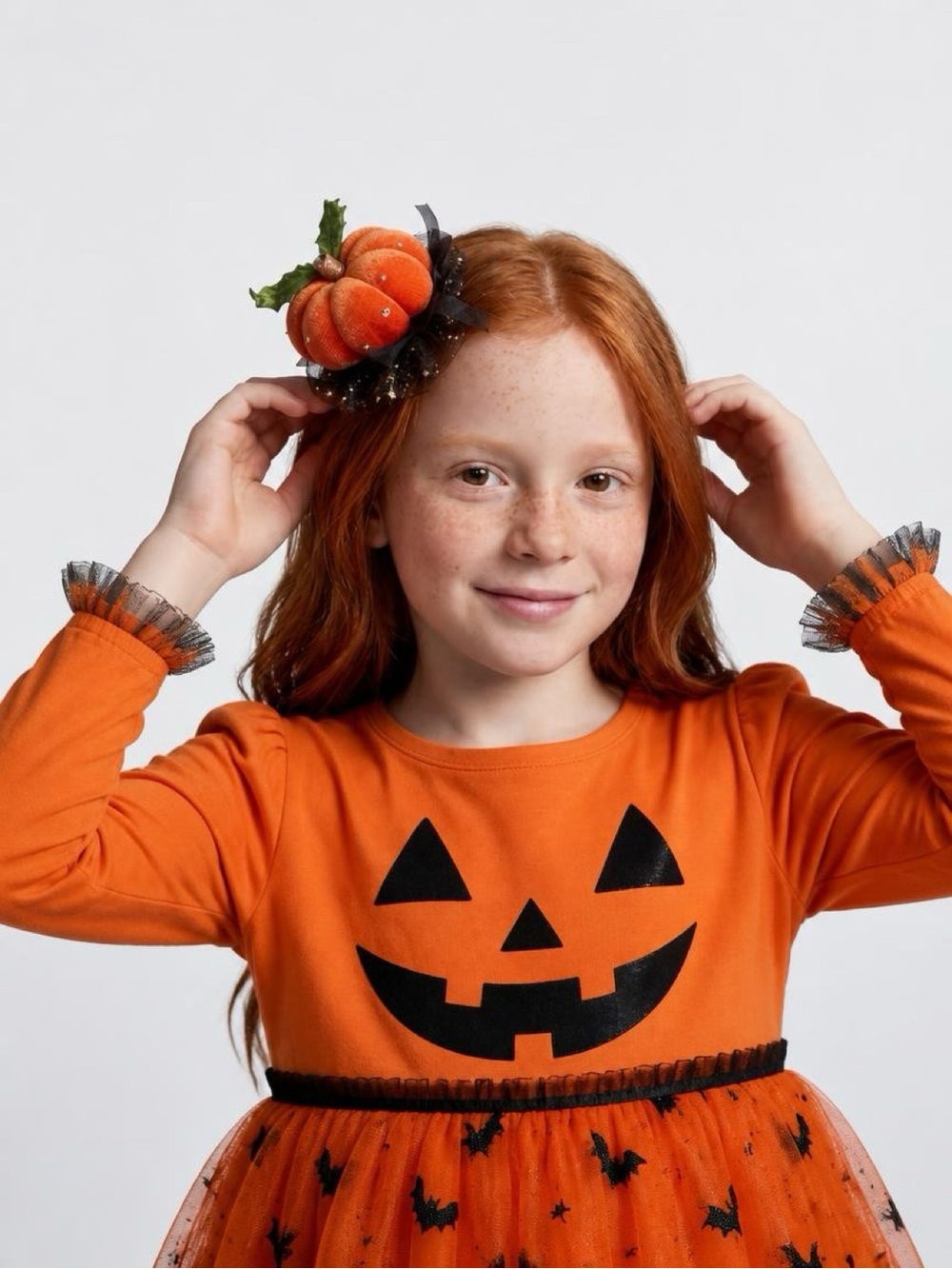 Girls Halloween Pumpkin Tulle Hair Clip Orange Black Gold